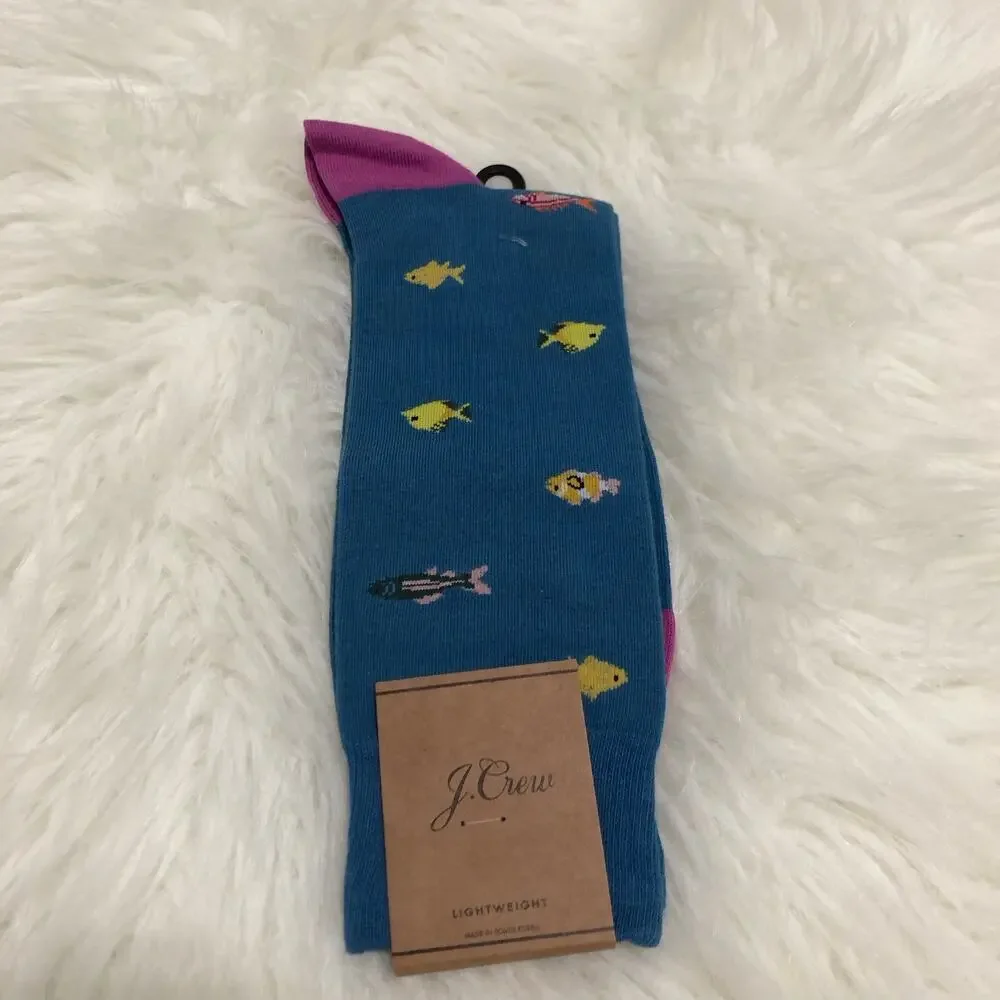 J. Crew Men's Socks One‎ Size Teal Purple Fish Print Colorful Lightweight NWT